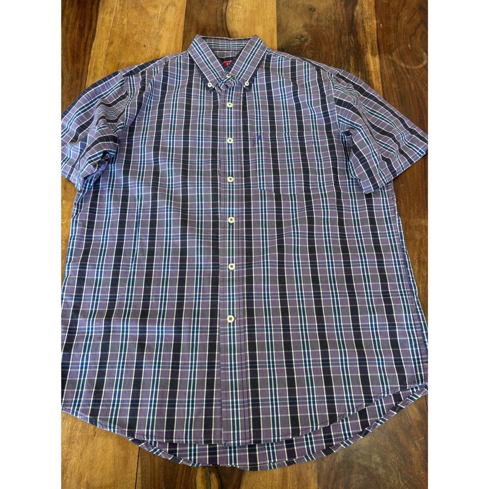 IZOD button down shirt mens M purple plaid short sleeve cotton collared pocket
